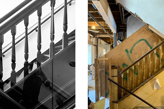 The main stair of the Rose Apartments before (right) and after (left) restoration. 